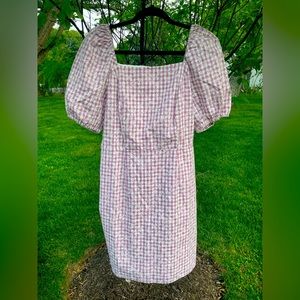 NWT- LOFT Gingham Lavender Puffed Sleeve Mini Dress-Sz 8